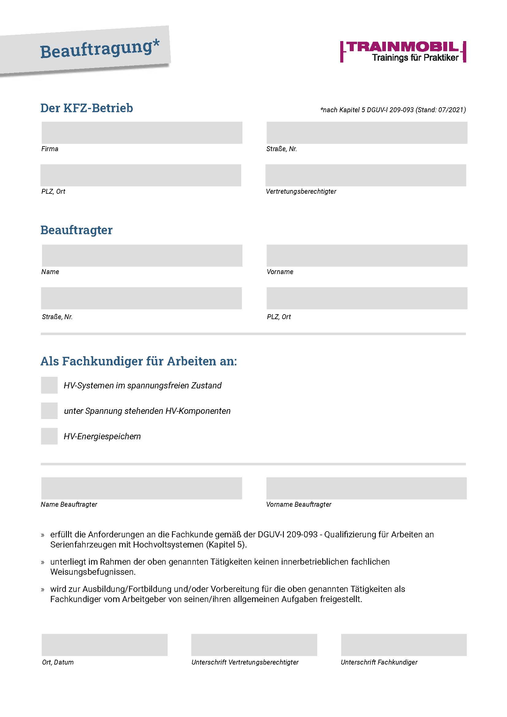 Formular Beauftragung HV | Formulare | Werkstattwissen | Schulungspilot