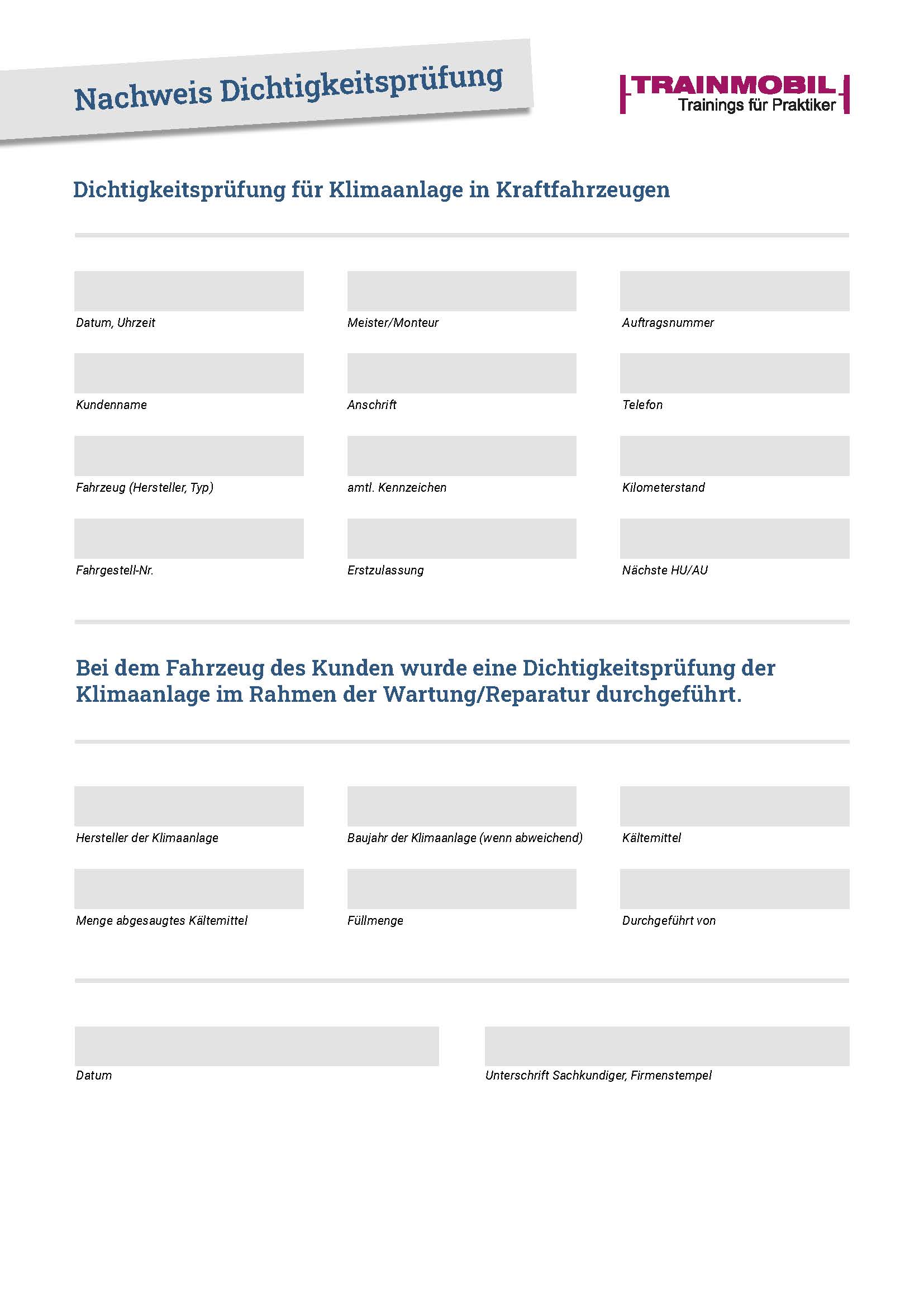 Nachweis Dichtigkeitsprüfung Klimaanlage | Formulare | Werkstattwissen | Schulungspilot